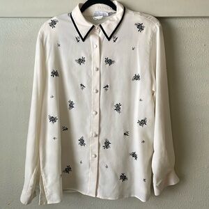 Vintage Alfred Dunner sheer white long sleeve button down with black flower
